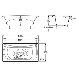 Ванна 170х85 чугунная ROCA AKIRA с противоскользящим покрытие, без ручек