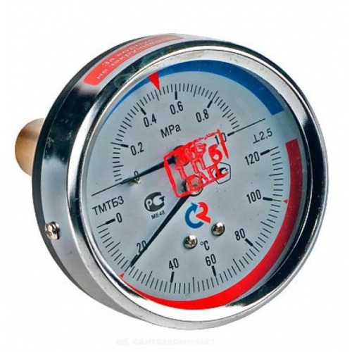 Термоманометр аксиальный РОСМА ТМТБ-31T.1, 80мм, 1,6MPa, 120°C, 1/2", класс 2.5, шток 46мм купить в интернет магазине Санрай73