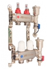 Коллекторная группа на  2 выхода 1"х3/4" Aspipe с расходомерами и тройниками, сталь нержавеющая