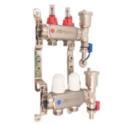 Коллекторная группа на  2 выхода 1"х3/4" Aspipe с расходомерами и тройниками, сталь нержавеющая