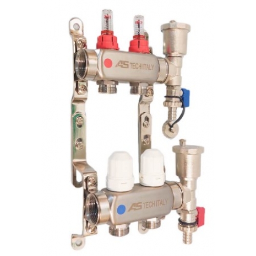 Коллекторная группа на  2 выхода 1"х3/4" Aspipe с расходомерами и тройниками, сталь нержавеющая купить в интернет магазине Санрай73