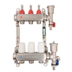 Коллекторная группа на  3 выхода 1"х3/4" Aspipe с расходомерами и тройниками, сталь нержавеющая