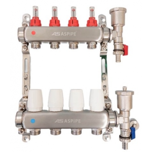 Коллекторная группа на  4 выхода 1"х3/4" Aspipe с расходомерами и тройниками, сталь нержавеющая купить в интернет магазине Санрай73