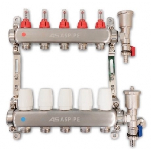Коллекторная группа на  5 выходов 1"х3/4" Aspipe с расходомерами и тройниками, сталь нержавеющая купить в интернет магазине Санрай73