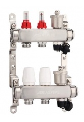 Коллекторная группа на 2 выхода 1"х3/4" Aspipe с расходомерами и воздухоотводчиком, сталь нержавею