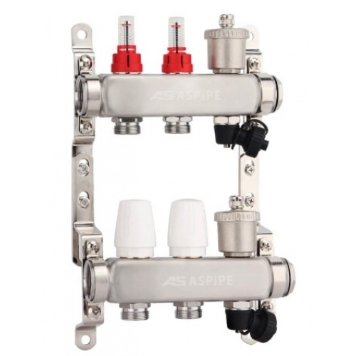 Коллекторная группа на 2 выхода 1"х3/4" Aspipe с расходомерами и воздухоотводчиком, сталь нержавею купить в интернет магазине Санрай73