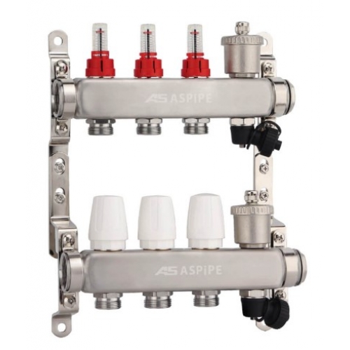 Коллекторная группа на 3 выхода 1"х3/4" Aspipe с расходомерами и воздухоотводчиком, сталь нержавею купить в интернет магазине Санрай73