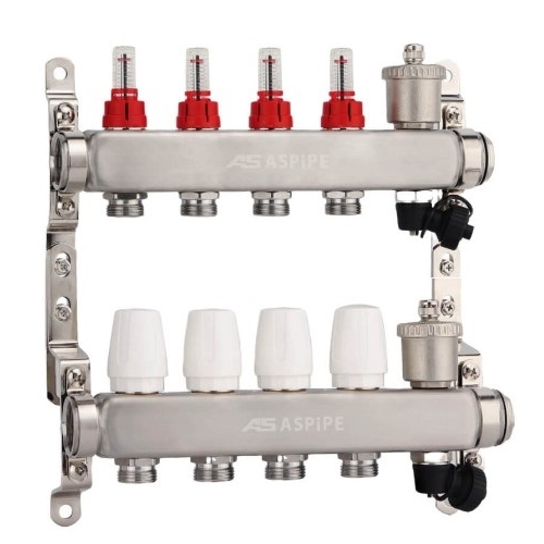 Коллекторная группа на 4 выхода 1"х3/4" Aspipe с расходомерами и воздухоотводчиком, сталь нержавею купить в интернет магазине Санрай73