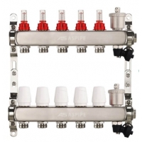 Коллекторная группа на 5 выхода 1"х3/4" Aspipe с расходомерами и воздухоотводчиком, сталь нержавею