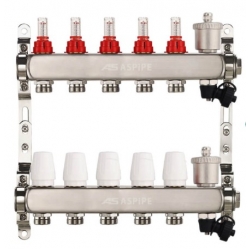 Коллекторная группа на 5 выхода 1"х3/4" Aspipe с расходомерами и воздухоотводчиком, сталь нержавею