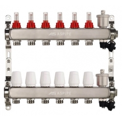 Коллекторная группа на 6 выхода 1"х3/4" Aspipe с расходомерами и воздухоотводчиком, сталь нержавею