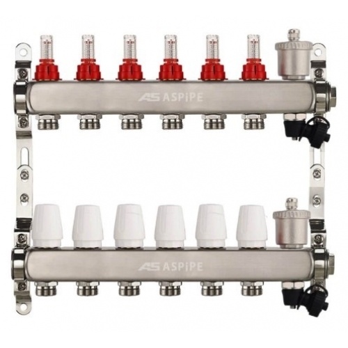 Коллекторная группа на 6 выхода 1"х3/4" Aspipe с расходомерами и воздухоотводчиком, сталь нержавею купить в интернет магазине Санрай73