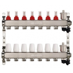 Коллекторная группа на 7 выхода 1"х3/4" Aspipe с расходомерами и воздухоотводчиком, сталь нержавею