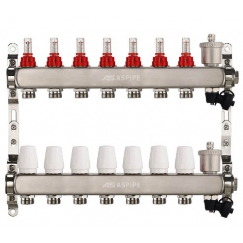 Коллекторная группа на 7 выхода 1"х3/4" Aspipe с расходомерами и воздухоотводчиком, сталь нержавею купить в интернет магазине Санрай73