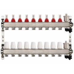 Коллекторная группа на 9 выхода 1"х3/4" Aspipe с расходомерами и воздухоотводчиком, сталь нержавею