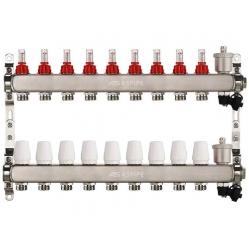 Коллекторная группа на 9 выхода 1"х3/4" Aspipe с расходомерами и воздухоотводчиком, сталь нержавею купить в интернет магазине Санрай73