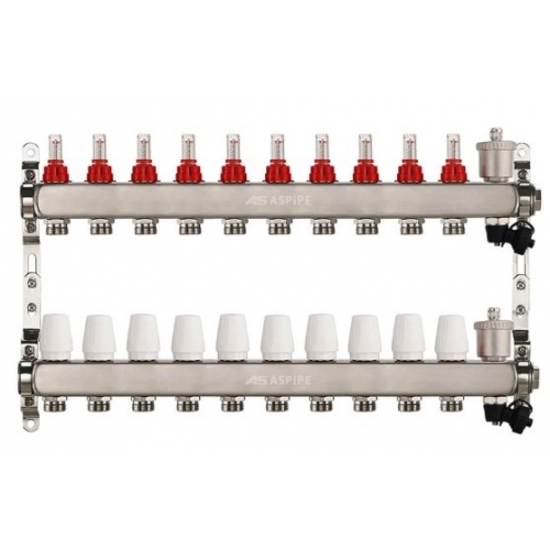 Коллекторная группа на 10 выхода 1"х3/4" Aspipe с расходомерами и воздухоотводчиком, сталь нержавею купить в интернет магазине Санрай73