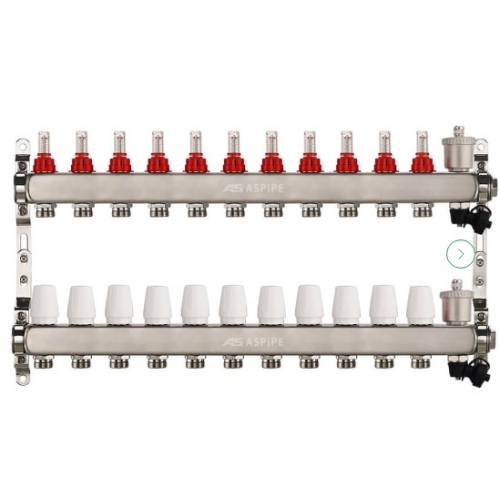 Коллекторная группа 1"х3/4" на 13 выходов Aspipe с расходомерами и воздухоотводчиком, сталь нержавеющая купить в интернет магазине Санрай73