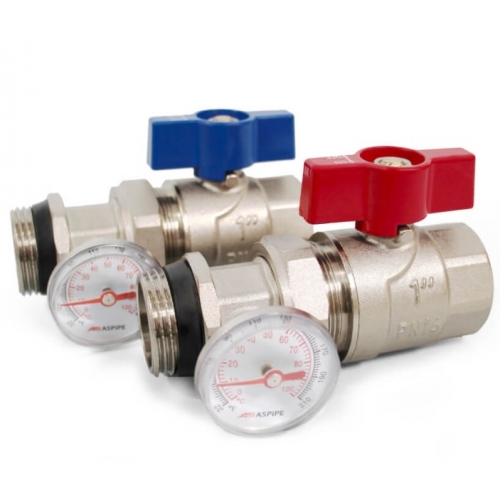 Комплект для коллектора 1" Aspipe краны шаровые с полусгоном и термометром купить в интернет магазине Санрай73