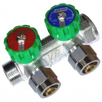 Коллектор распределительный 3/4"х1/2" с 2 отводами Vieir VR402 под плоское уплотнение, вентили