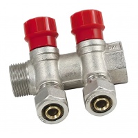 Коллектор распределительный 1"х16мм с 2 отводами Vieir VR602 с евроконусами, красные вентили