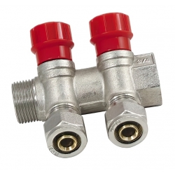Коллектор распределительный 1"х16мм с 2 отводами Vieir VR602 с евроконусами, красные вентили