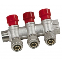Коллектор распределительный 1"х16мм с 3 отводами Vieir VR603 с евроконусами, красные вентили