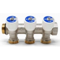 Коллектор сантехнический 1" х 3/4"E на 3 выхода Giacomini R585CS с вентилями никель