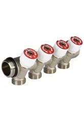 Коллектор сантехнический 3/4" х 3/4"E на 4 выхода Giacomini R585CS с вентилями никель