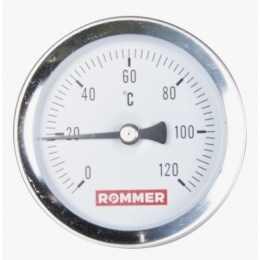 Термометр аксиальный Rommer, 63мм, 120°C, гильза 50мм, 1/2"нр, класс 2, биметаллический