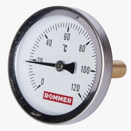 Термометр аксиальный Rommer, 63мм, 120°C, гильза 50мм, 1/2"нр, класс 2, биметаллический купить в интернет магазине Санрай73
