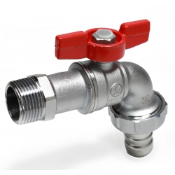 Кран шаровой водоразборный 1/2" Giacomini R620 сливной с латунным штуцером, бабочка красная