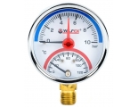Термоманометр радиальный Valfex 63мм, 10bar, 120°C, 1/2", с контрольной стрелкой