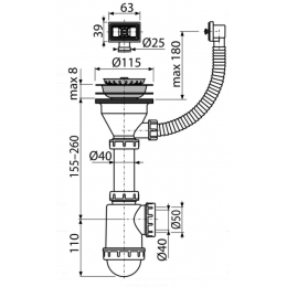 Сифон A447-DN50/40 для мойки 3 1/2*40 AlcaPlast с прямоугольным переливом Alcadrain