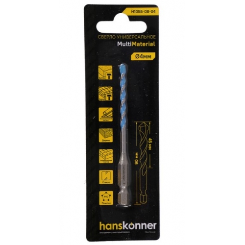 Сверло универсальное Hanskonner 4х90 мм, твердосплавная напайка, шестиганный.хвостовик купить в интернет магазине Санрай73