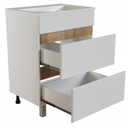 Тумба для ванной Mixline Брикс 50 белая/дуб вотан, ящики, напольная, под раковину Sanita Luxe Breeze