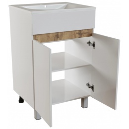 Тумба для ванной Mixline Брикс 50 белая/дуб вотан, ПВХ напольная, под раковину Sanita Luxe Breeze 50