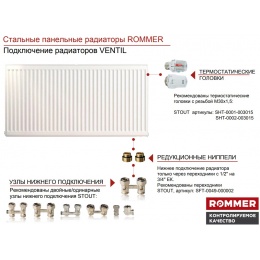 Радиатор стальной панельный Rommer Ventil 22 300х1800 нижнее правое подключение, белый