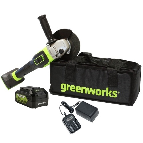 Угловая шлифовальная машина Greenworks GD24AGK4, 24V, бесщеточная, 125 мм, 10500 об/мин, c 1хАКБ 4Ач и ЗУ 2А, сумка (3200207UB) купить в интернет магазине Санрай73