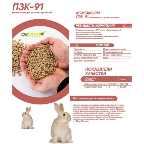 Комбикорм полнорационный для взрослых кроликов, гранулы, 35 кг купить в интернет магазине Санрай73
