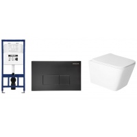 Комплект HOLLER Инсталляция MQ102 + Унитаз BLOCK T каскадный, микролифт + Клавиша MBV черный матовый