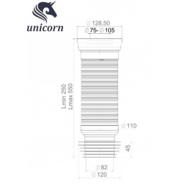 Гофра для унитаза 75/129 × 120, длина 250-550мм Unicorn Т550 армированная