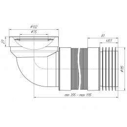 Гофра для унитаза 75/132 × 115, длина 395-1115мм Ани пласт К739R, угол 90°