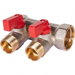 Коллектор с шаровыми кранами STOUT 3/4 , 2 отвода 1/2 (красные ручки)