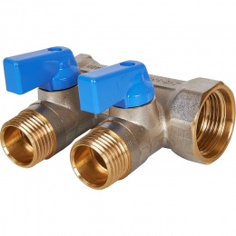 Коллектор с шаровыми кранами STOUT 3/4 , 2 отвода 1/2 (синие ручки)
