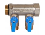 Коллектор с шаровыми кранами STOUT 3/4 , 2 отвода 1/2 (синие ручки)