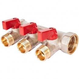 Коллектор с шаровыми кранами STOUT 3/4 , 3 отвода 1/2 (красные ручки)