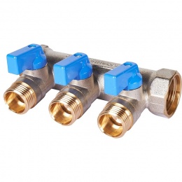 Коллектор с шаровыми кранами STOUT 3/4 , 3 отвода 1/2 (синие ручки)