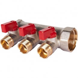 Коллектор с шаровыми кранами STOUT 1, 3 отвода 1/2 (красные ручки)