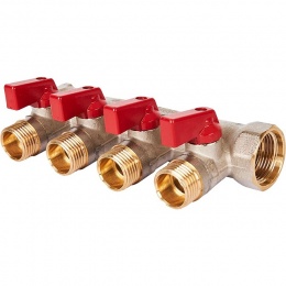Коллектор с шаровыми кранами STOUT 3/4 , 4 отвода 1/2 (красные ручки)